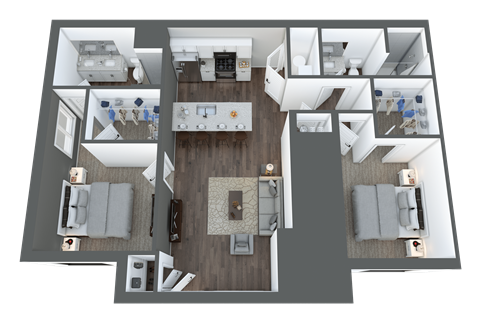 Floor plan for 2 beds, 2 baths, 1038 sqft